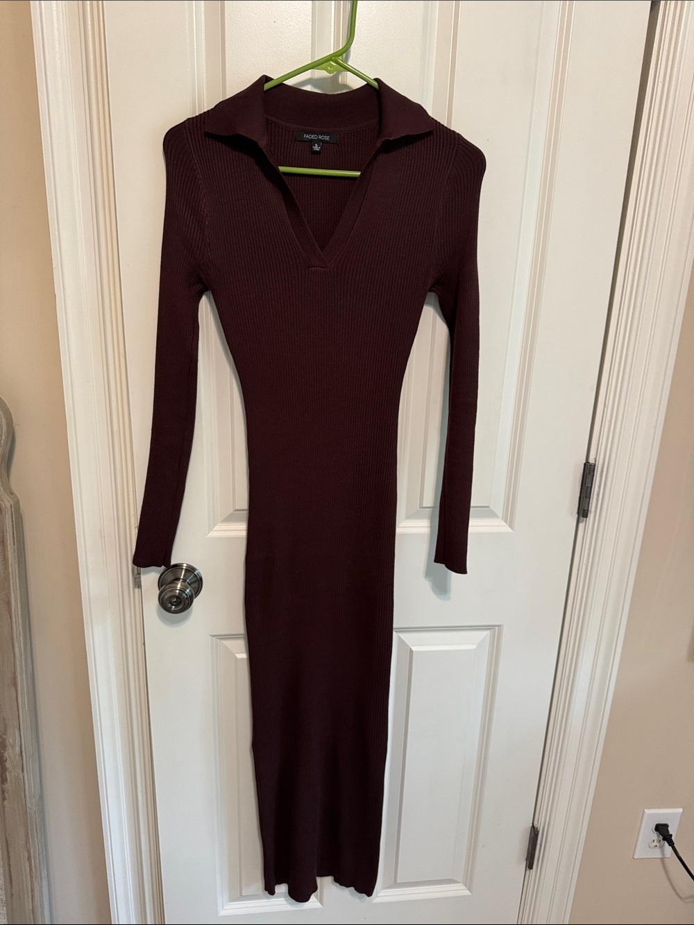 Long Sleeve Ribbed Polo Maxi Dress - Deep Wine